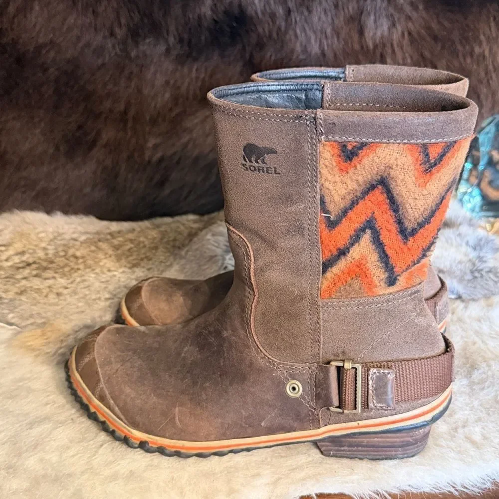 Sorel Brown Suede & Leather Pull-On Boots with Orange Trim 8 (3045A)